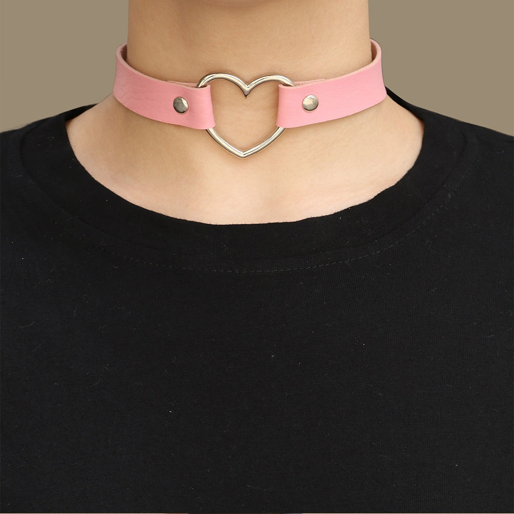 Fashion Heart Shape PU Leather Choker Necklace for Women