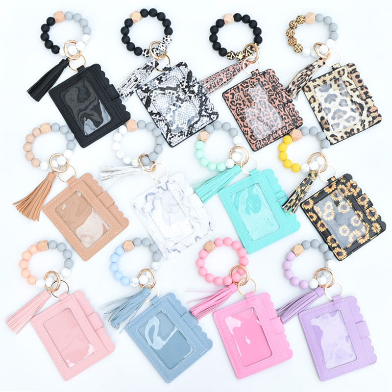 Fashion Leopard Silicone Beaded Keychain Bracelet with Tassel Wallet