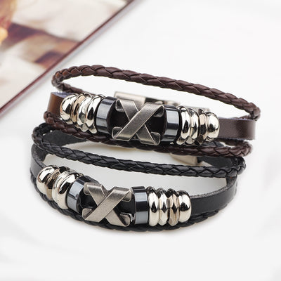 Fashion Unisex Silver Plated Letter Alloy Chain Bracelet with Retro Metal Accessories and Braided PU Leather Design