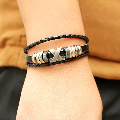 Fashion Unisex Silver Plated Letter Alloy Chain Bracelet with Retro Metal Accessories and Braided PU Leather Design