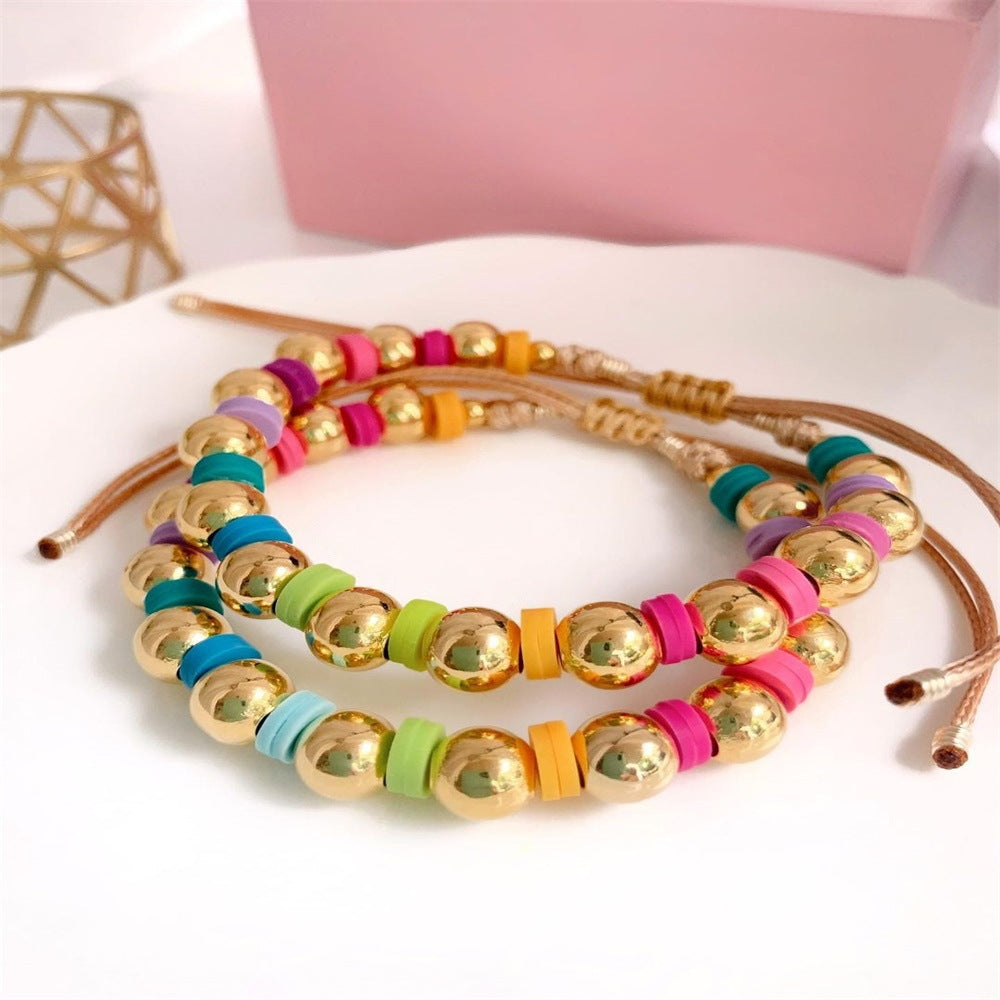 Fashion Bohemian Multicolor Soft Clay Beaded Women's Bracelet with 18k Gold Plated Beads