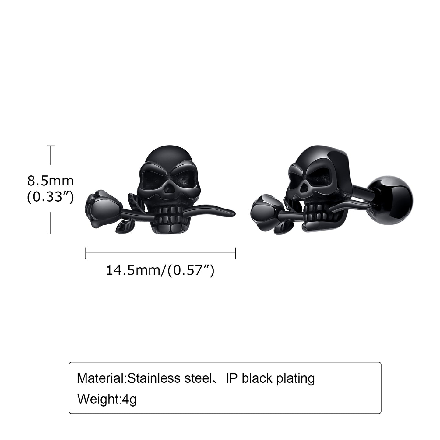 Fashion Skull Rose Stainless Steel Ear Studs - Single Piece Earrings