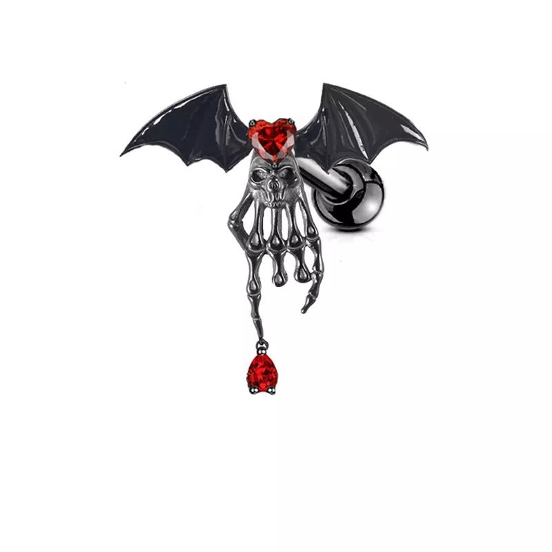 Gothic Bat Skull Stainless Steel Zircon Earrings and Heart Navel Ring Set