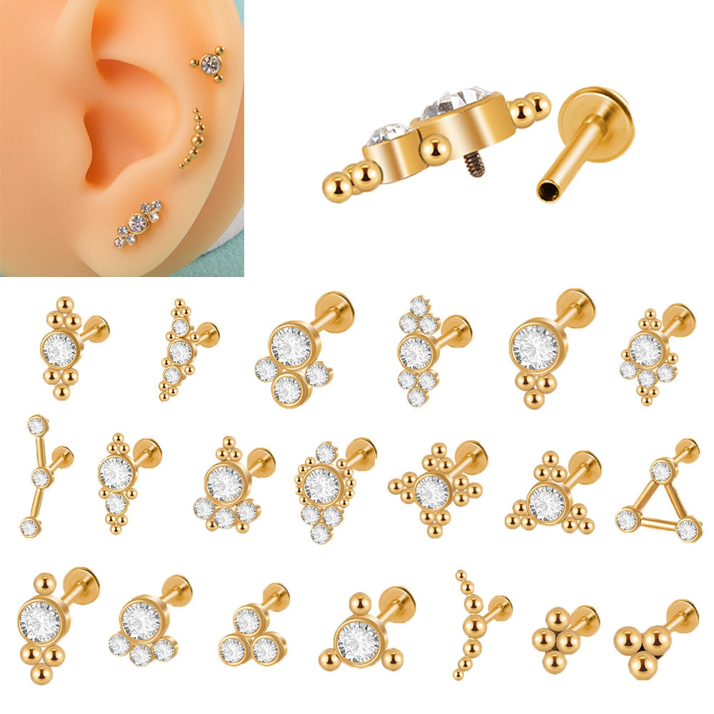 18K Gold Plated Geometric Stainless Steel Lip and Ear Stud Set with Rhinestones