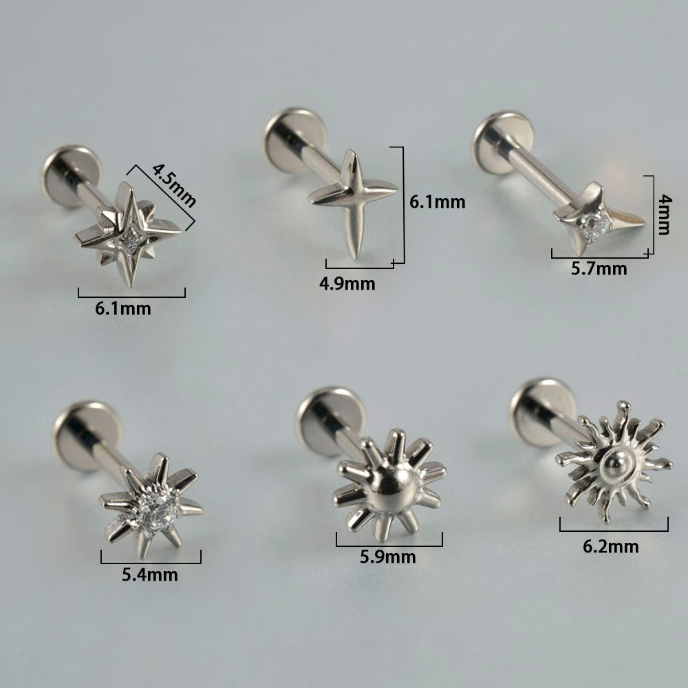 G23 Titanium Sun and Star Zircon Lip and Ear Studs with 18K Gold Plating