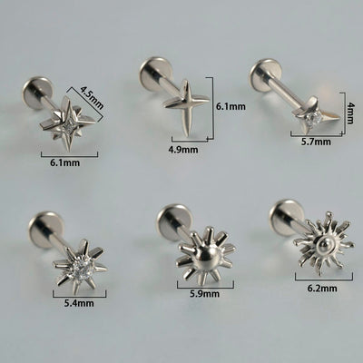 G23 Titanium Sun and Star Zircon Lip and Ear Studs with 18K Gold Plating