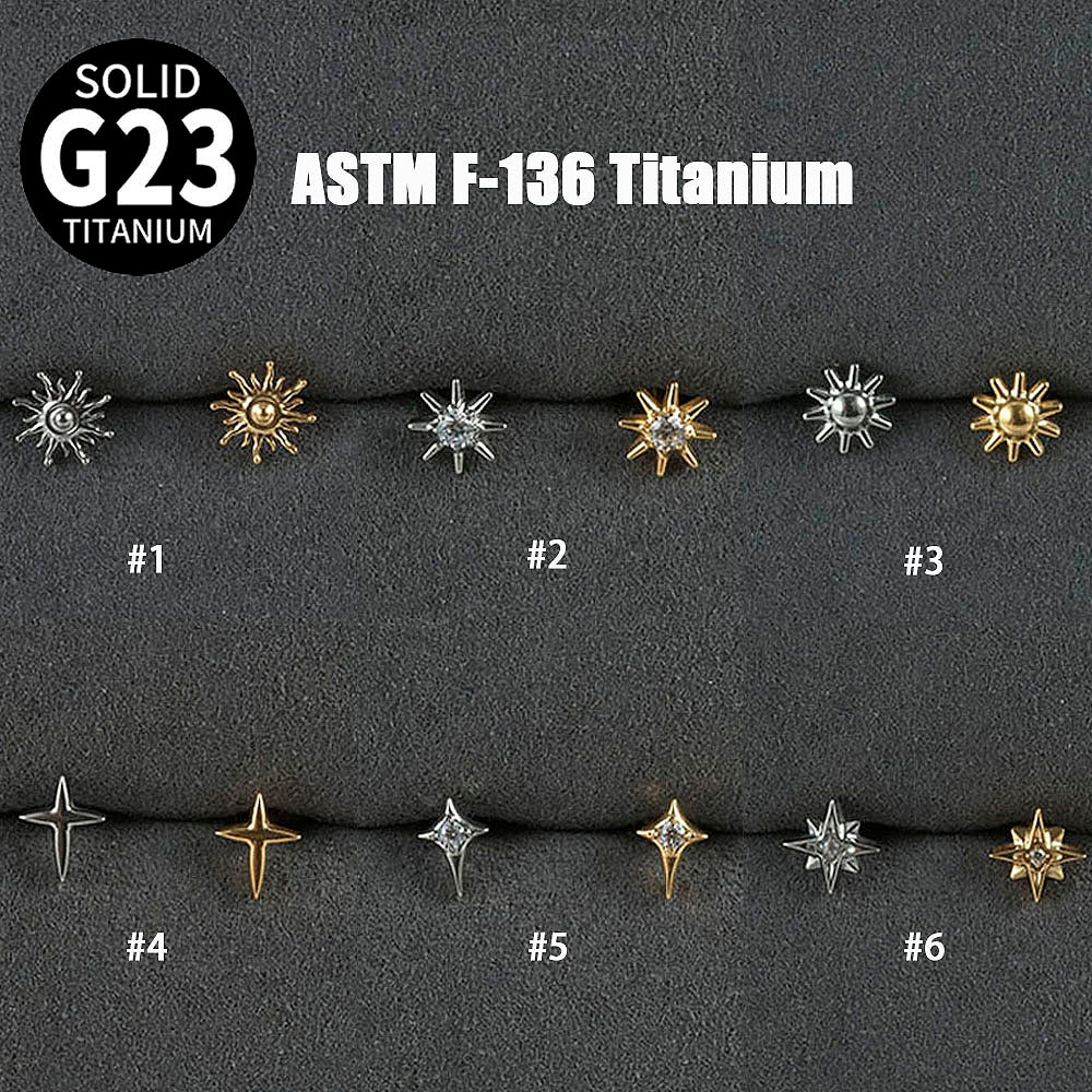 G23 Titanium Sun and Star Zircon Lip and Ear Studs with 18K Gold Plating