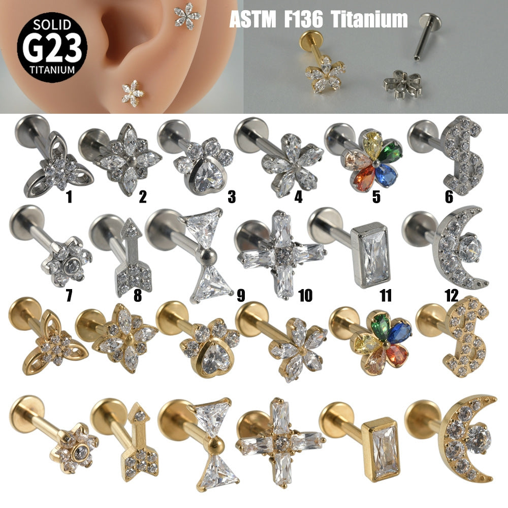 G23 Titanium Star Flower Zircon Lip and Ear Cartilage Studs - 18K Gold Plated Arrow-Shaped Piercing Jewelry