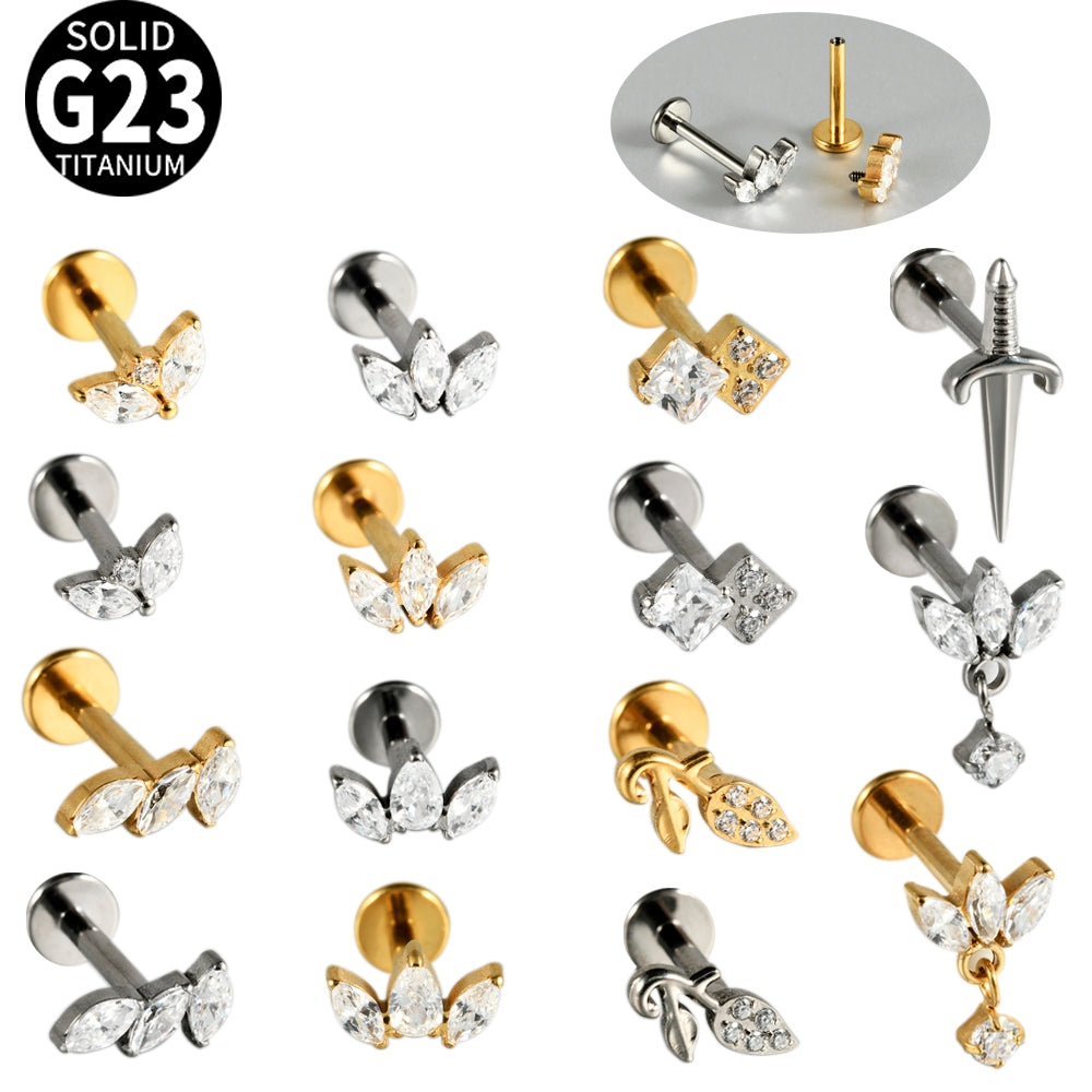 G23 Titanium Crown Zircon Inlay Lip Rings and Ear Studs