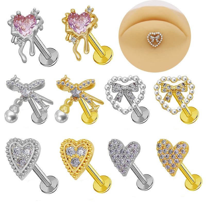 Heart Shaped Lip Rings with Bow Knot and Pearl Pendant - Stainless Steel and Gold Plated