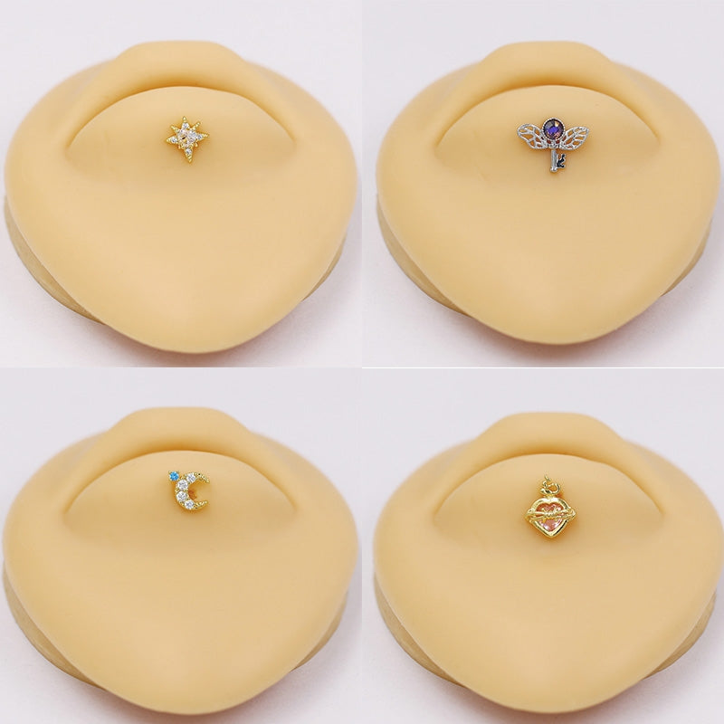 Artistic Star Moon Rose Gold Plated Stainless Steel Lip Rings with Zircon Crown Studs