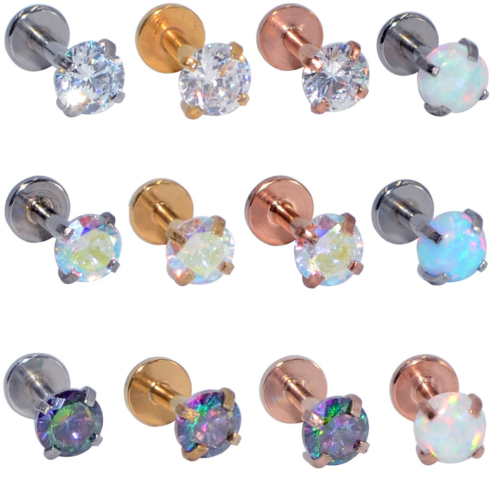 18K Gold Plated Stainless Steel Opal Zircon Lip Rings with Flat Bottom T-Shaped Studs