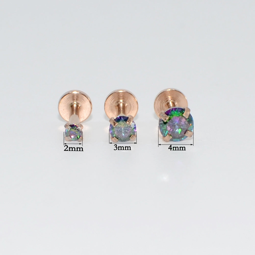 18K Gold Plated Stainless Steel Opal Zircon Lip Rings with Flat Bottom T-Shaped Studs