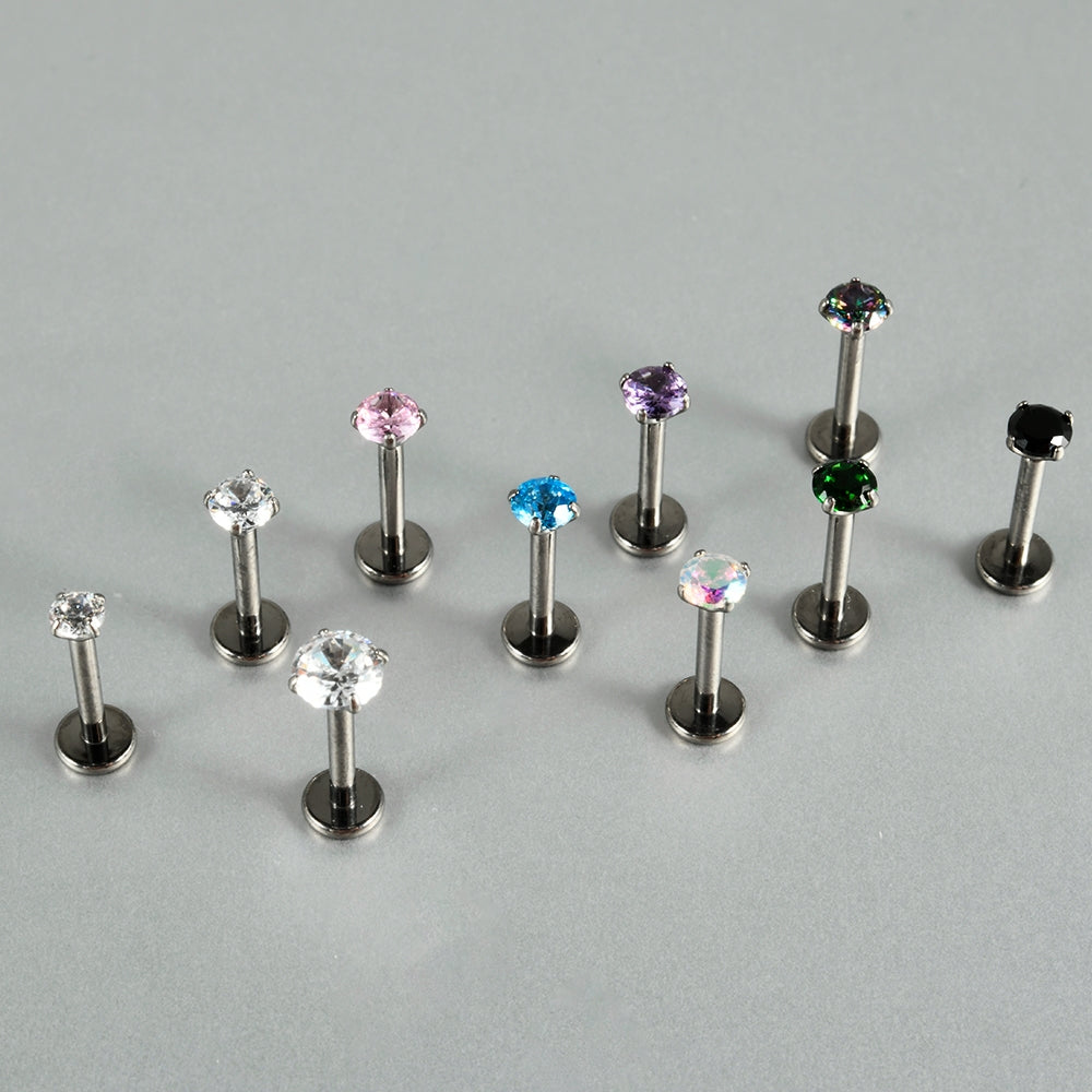 Titanium Alloy Zircon Stud Earrings & Lip Rings - Round & Four Claw Design