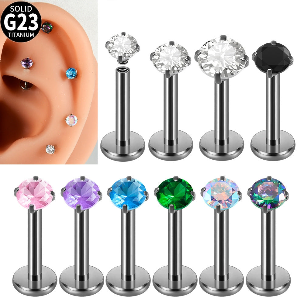 Titanium Alloy Zircon Stud Earrings & Lip Rings - Round & Four Claw Design