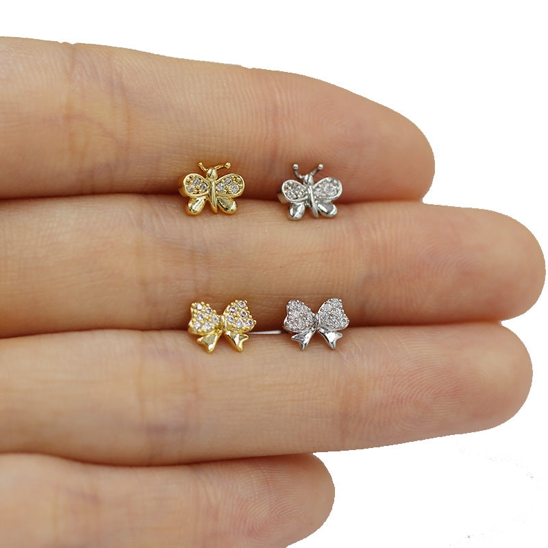 Butterfly Bow Knot Zircon Piercing Lip and Ear Studs - Stainless Steel & Gold Plated