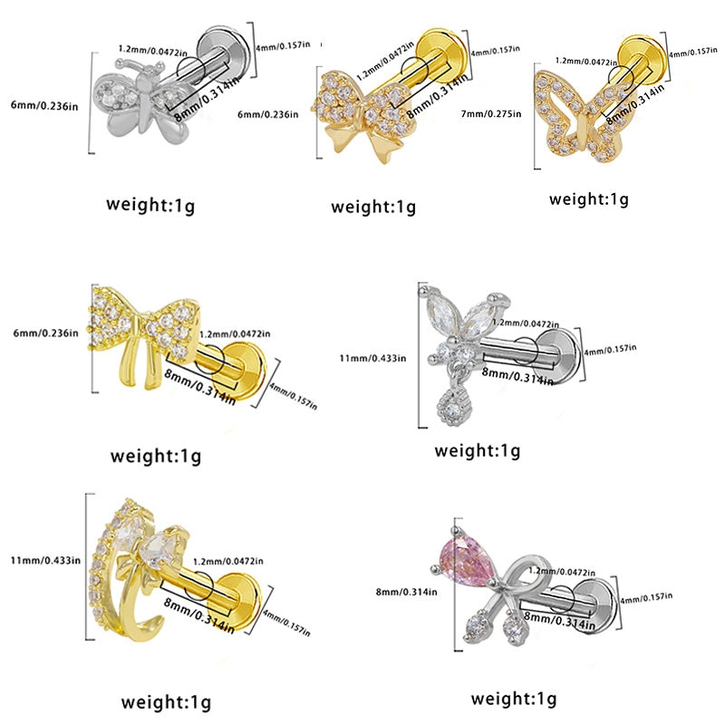Butterfly Bow Knot Zircon Piercing Lip and Ear Studs - Stainless Steel & Gold Plated