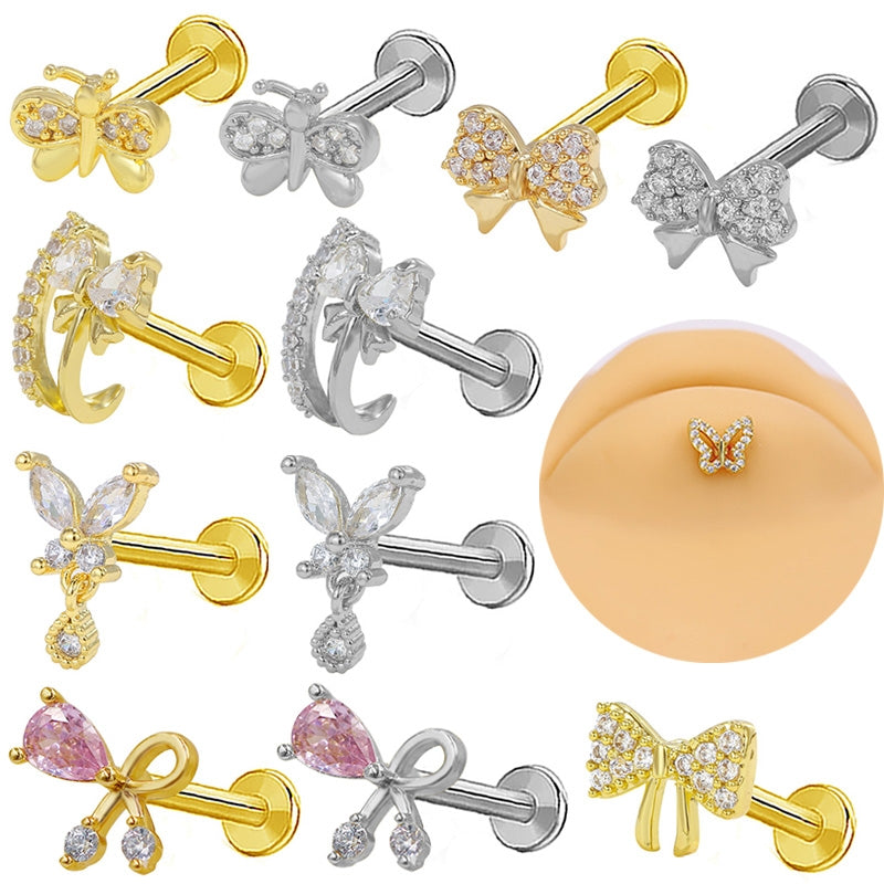 Butterfly Bow Knot Zircon Piercing Lip and Ear Studs - Stainless Steel & Gold Plated