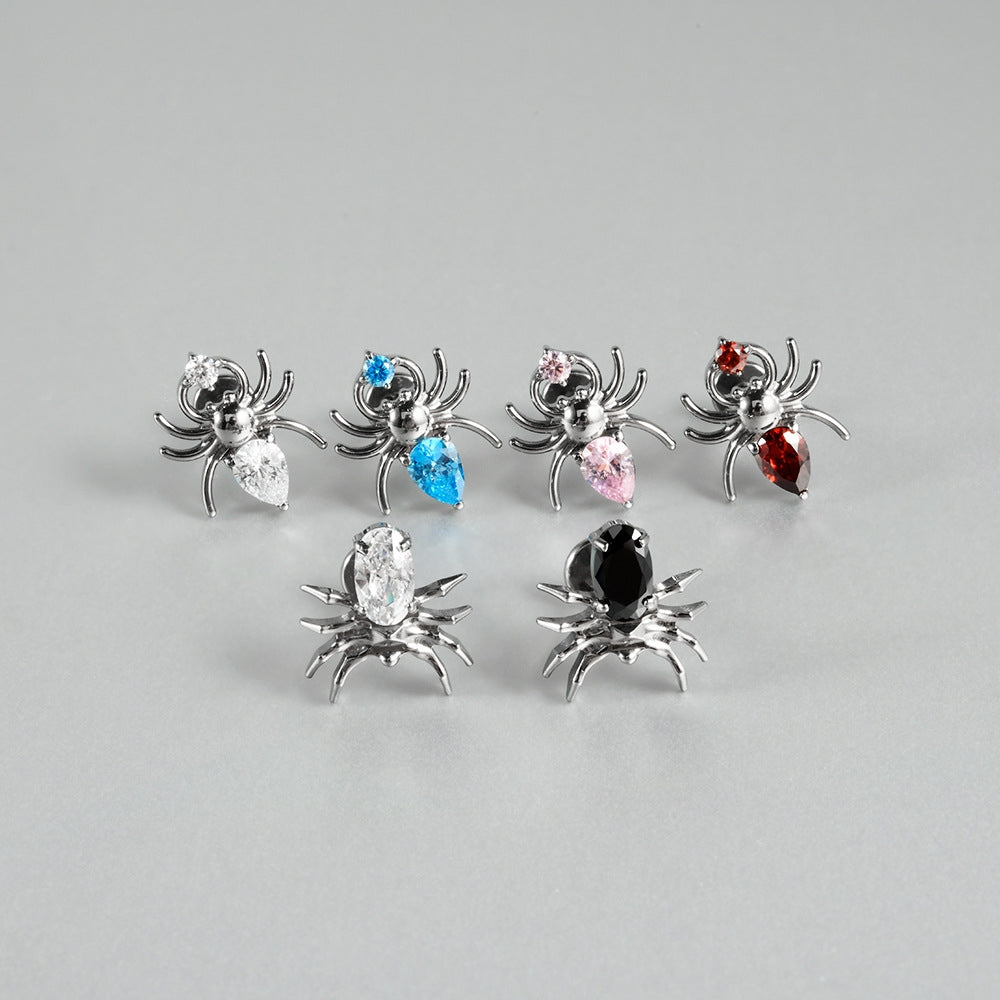 Spider Zircon Titanium Lip and Ear Studs - Polished Hip-Hop Punk Style Piercing Jewelry