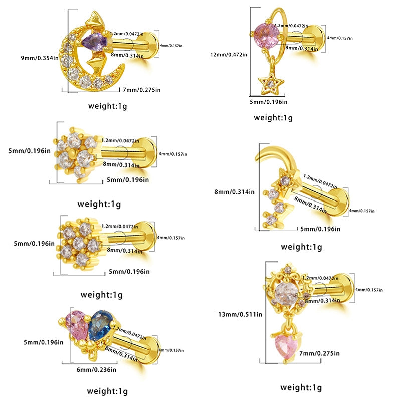 Hip-Hop Rock Star Moon Bat Crown Pink Pendant Lip Stud 316L Stainless Steel Gold Plated Piercing Jewelry