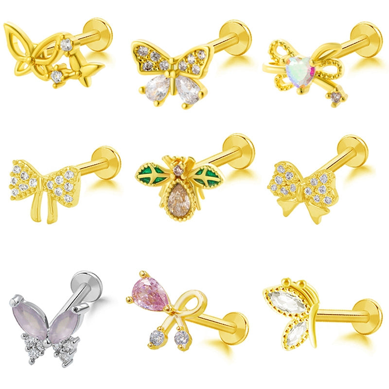 Butterfly Bow Knot Leaf Lip Rings with White Zircon and Rhinestones in Stainless Steel and Gold Plated Finish