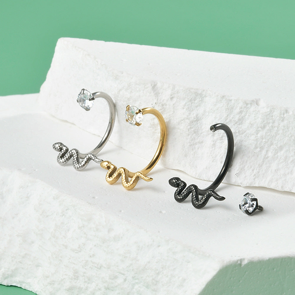 18K Gold Plated Stainless Steel Zircon Lip Rings - Punk Snake Horseshoe Pierced Ear and Lip Studs with Internal Threads