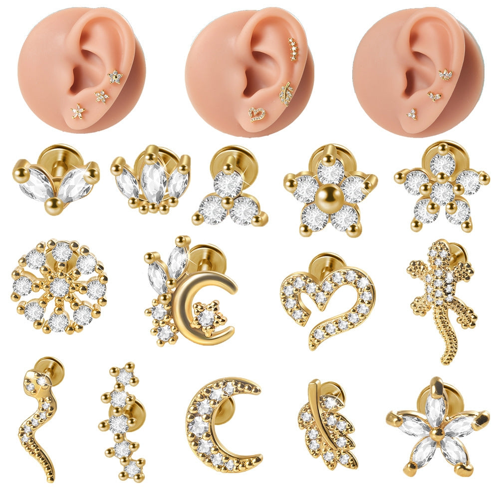 Heart & Moon Zircon Inlay 18K Gold Plated Lip Rings & Stud Earrings Set