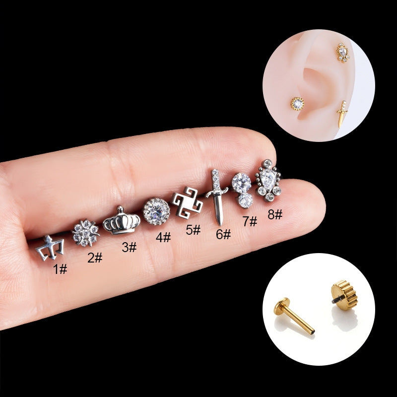 G23 Titanium Cross Crown Zircon Lip and Ear Stud Set