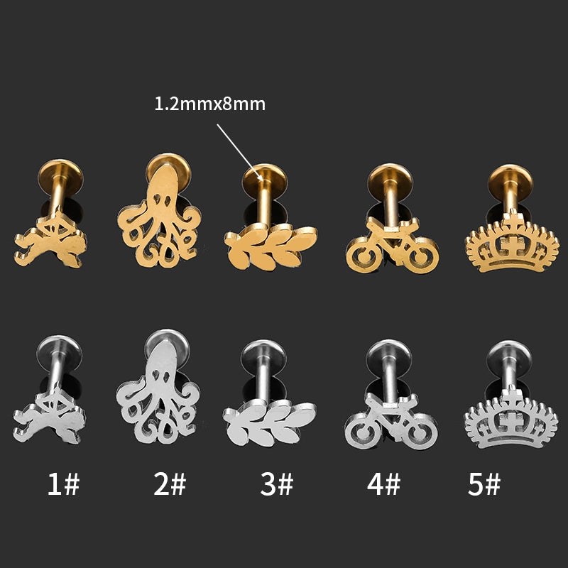 18K Gold Plated Stainless Steel Crown Leaf Lip and Ear Cartilage Studs