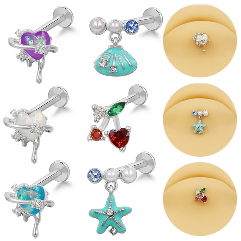 European and American Irregular Heart-Shaped Lip and Ear Cartilage Rings with Starfish and Shell Design, 316 Stainless Steel and Copper Inlay with Resin Rhinestones, Glass, White Gold Plated