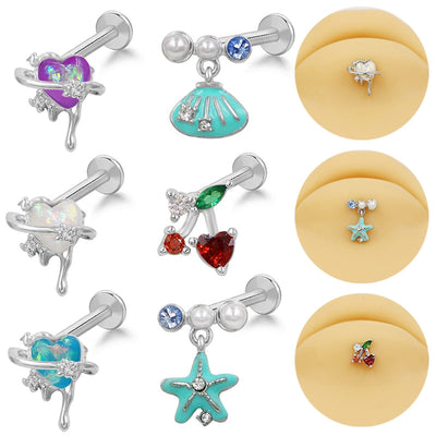 European and American Irregular Heart-Shaped Lip and Ear Cartilage Rings with Starfish and Shell Design, 316 Stainless Steel and Copper Inlay with Resin Rhinestones, Glass, White Gold Plated