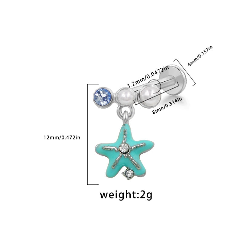 European and American Irregular Heart-Shaped Lip and Ear Cartilage Rings with Starfish and Shell Design, 316 Stainless Steel and Copper Inlay with Resin Rhinestones, Glass, White Gold Plated