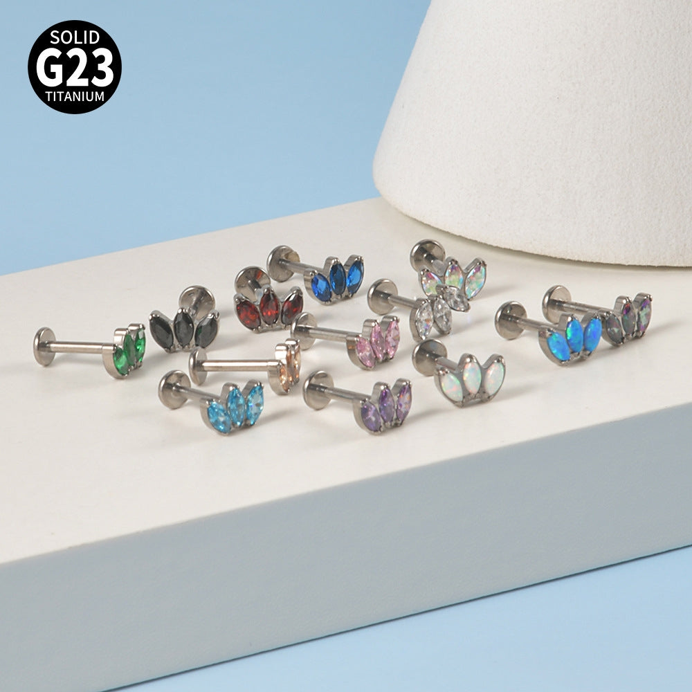 G23 Titanium Opal Lip and Ear Stud Set with Zircon Inlay