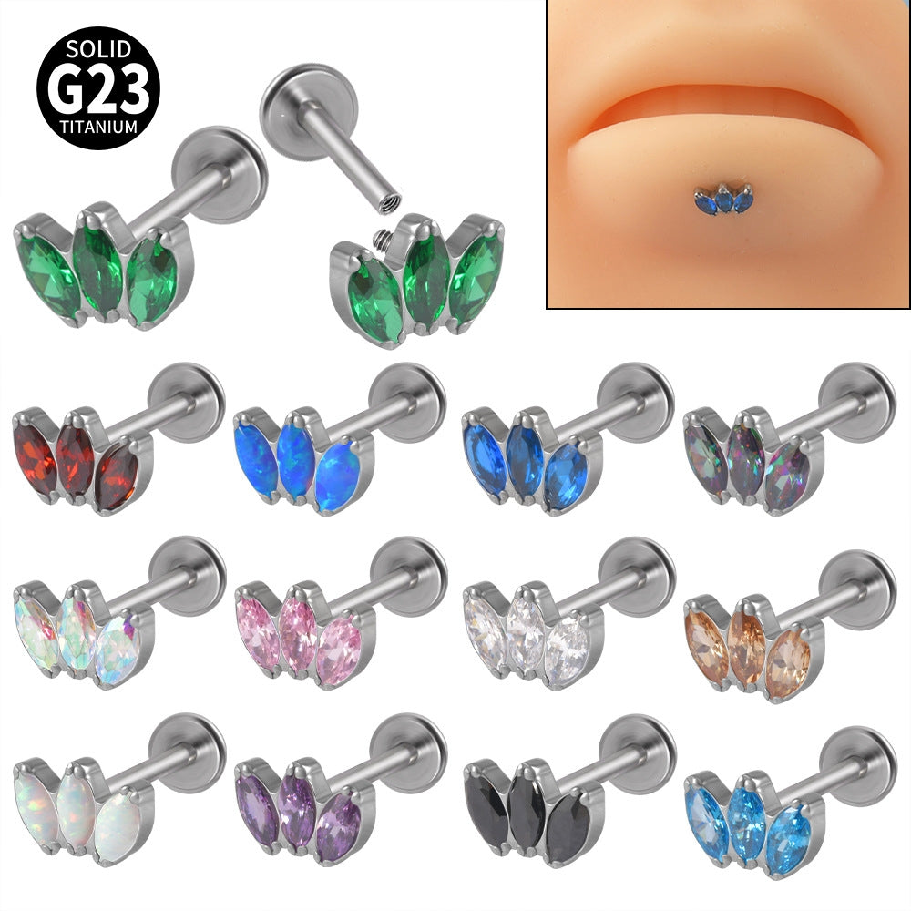 G23 Titanium Opal Lip and Ear Stud Set with Zircon Inlay