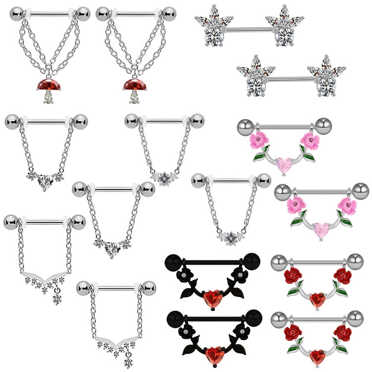 1 Piece Heart Shape Flower Nipple Rings & Studs 316 Stainless Steel Alloy with Rhinestones and Resin Inlay, Gold Plated