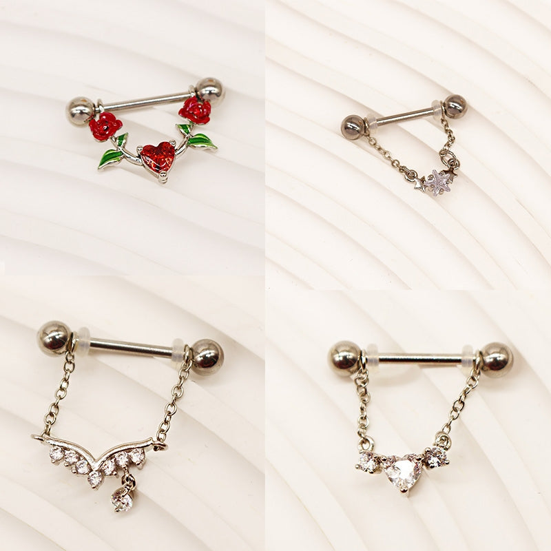 1 Piece Heart Shape Flower Nipple Rings & Studs 316 Stainless Steel Alloy with Rhinestones and Resin Inlay, Gold Plated