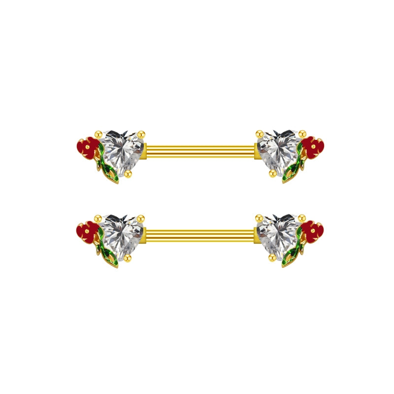 Heart Shape Rhinestone Nipple Rings - 316 Stainless Steel, Gold Plated