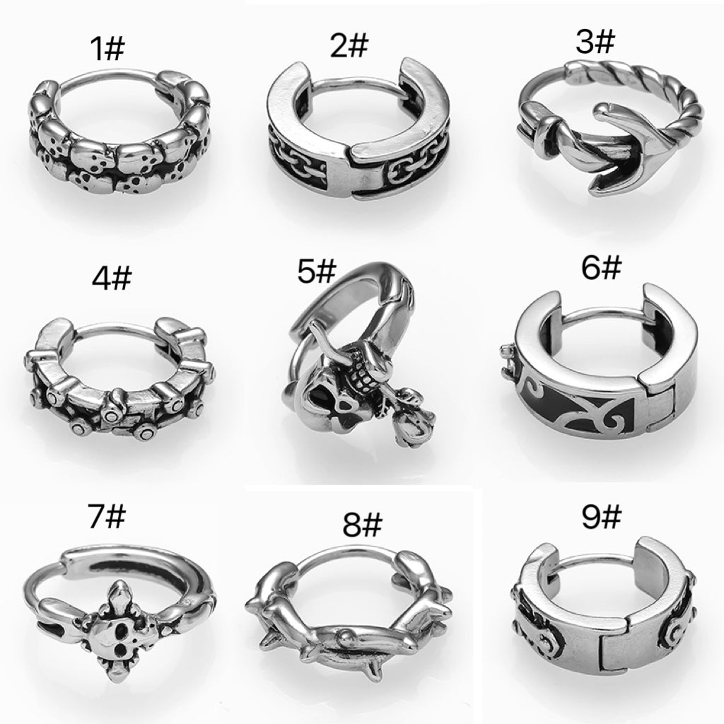 Nordic Gothic Anchor Skull Stainless Steel Hoop Earrings