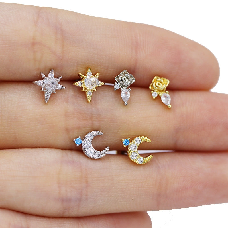 1 Piece Nose Rings & Studs IG Style Retro Star Starry Sky Flower 316 Stainless Steel  Alloy Hollow Out Inlay Glass Gold Plated Nose Rings & Studs