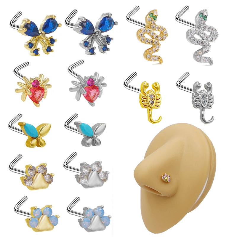 Heart & Animal Design Nose Rings & Studs - 316 Stainless Steel, Copper Plating, Inlay Zircon, Gold & White Gold Plated