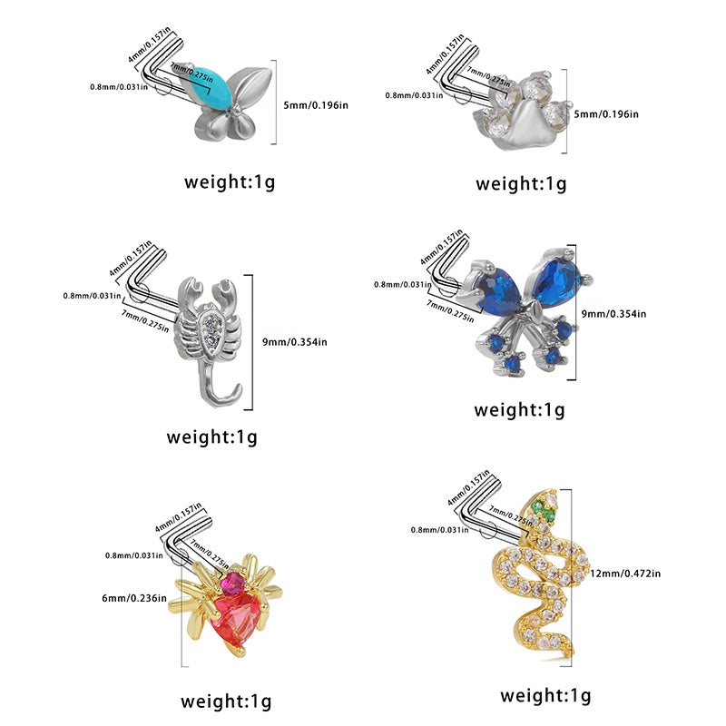 Heart & Animal Design Nose Rings & Studs - 316 Stainless Steel, Copper Plating, Inlay Zircon, Gold & White Gold Plated