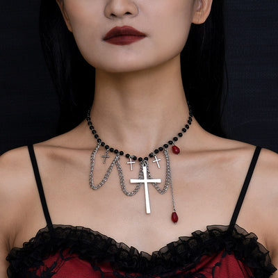 Original Design Gothic Cross Crystal Alloy Beaded Women's Choker Necklace