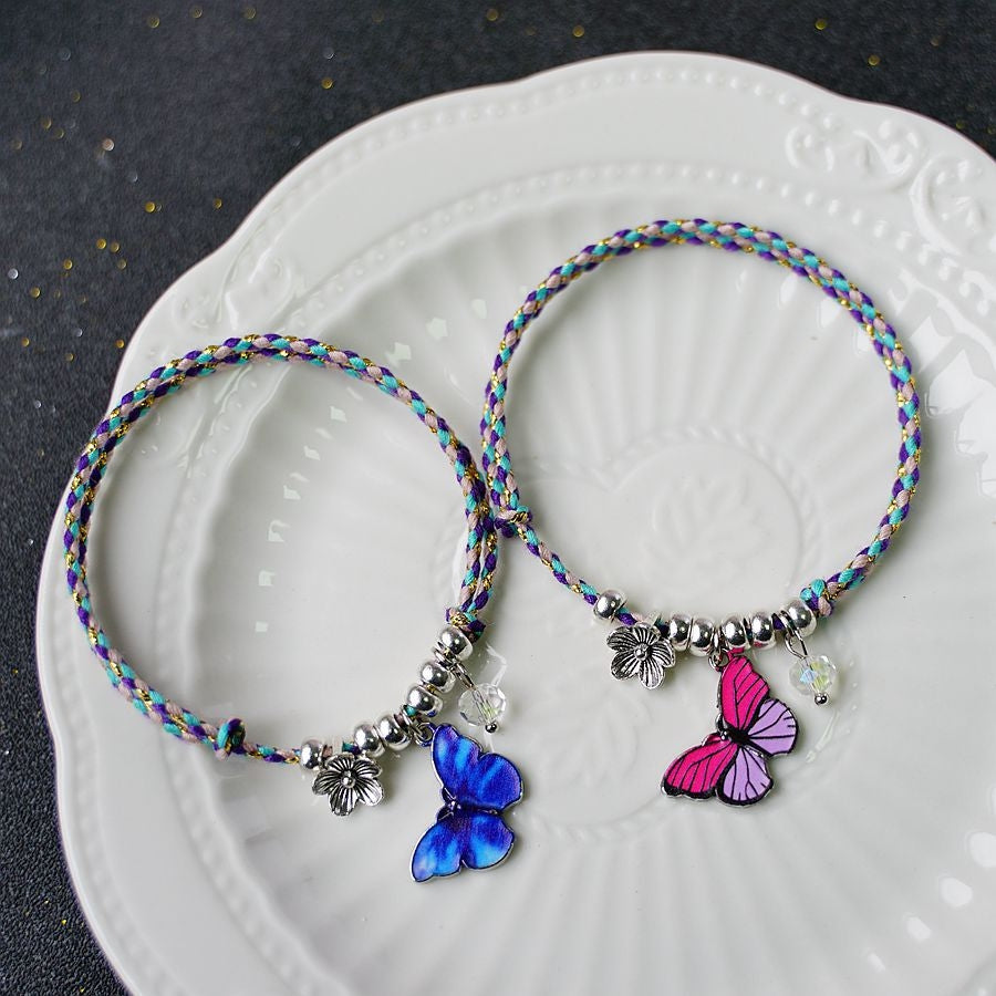 Retro Butterfly Flower Alloy Rope Bracelet - Unisex & Couple Design, Blue Color Jewelry