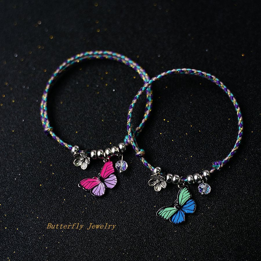 Retro Butterfly Flower Alloy Rope Bracelet - Unisex & Couple Design, Blue Color Jewelry