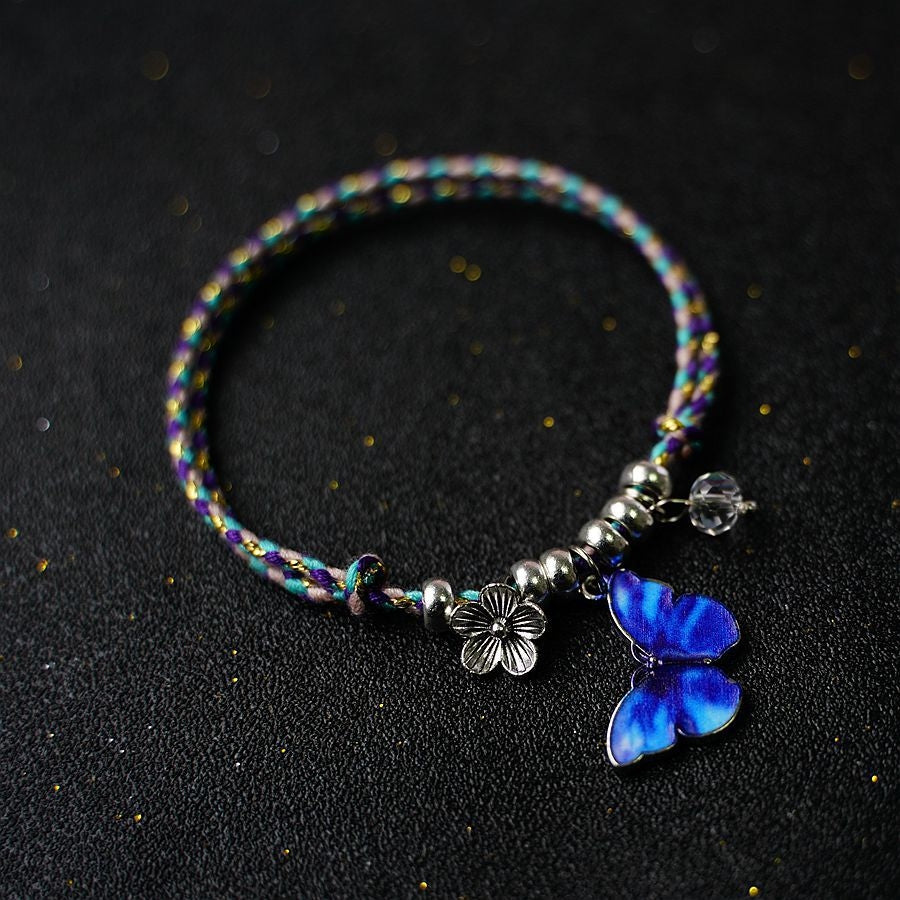 Retro Butterfly Flower Alloy Rope Bracelet - Unisex & Couple Design, Blue Color Jewelry