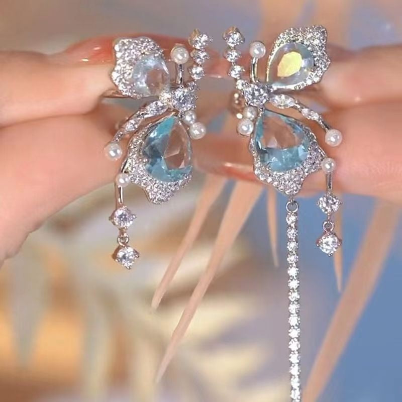 Simple Butterfly Zircon Asymmetric Tassel Clip-On Earrings