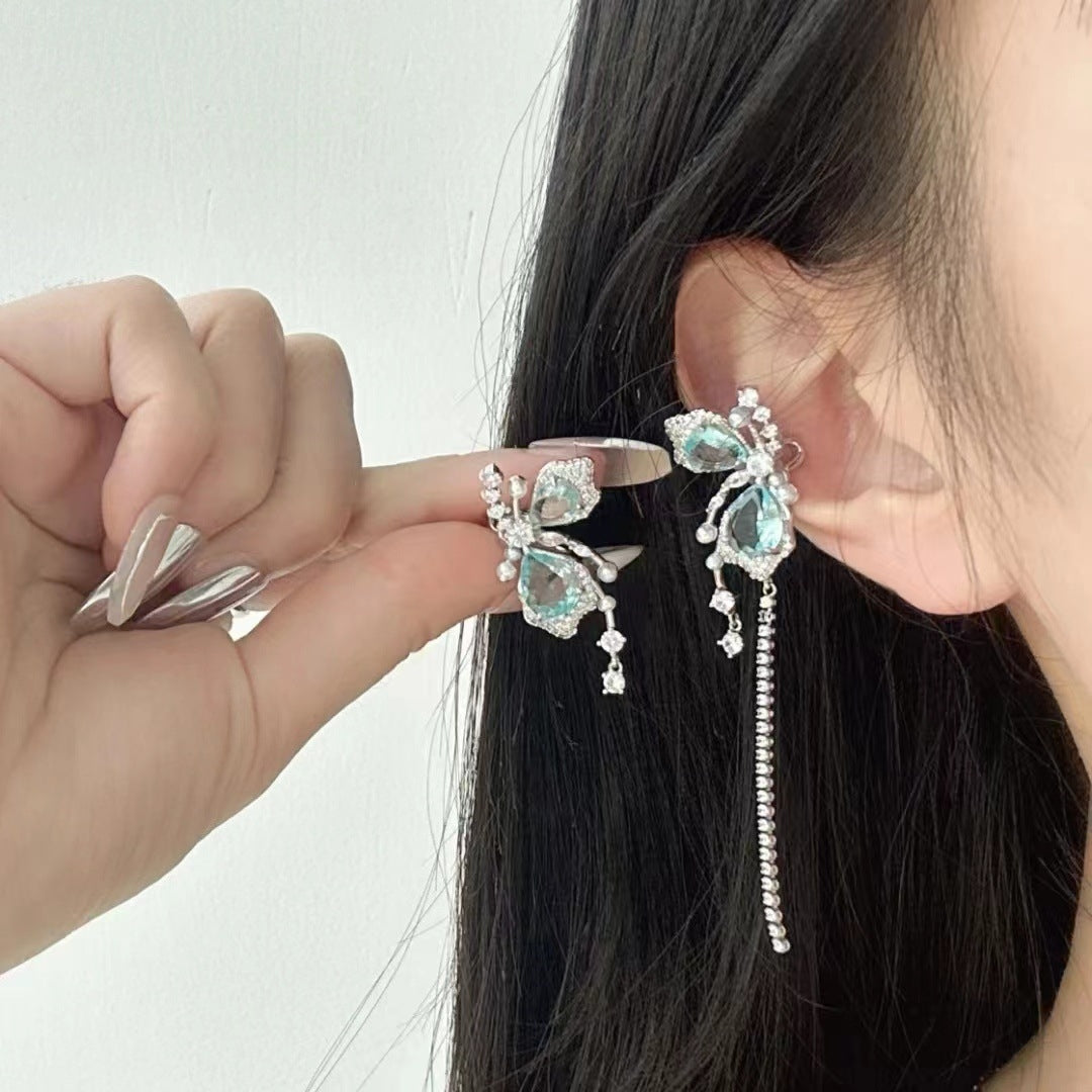 Simple Butterfly Zircon Asymmetric Tassel Clip-On Earrings