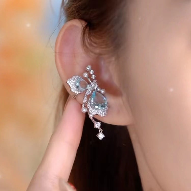 Simple Butterfly Zircon Asymmetric Tassel Clip-On Earrings