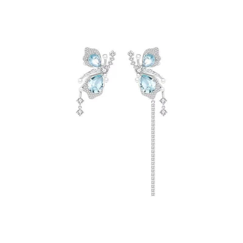 Simple Butterfly Zircon Asymmetric Tassel Clip-On Earrings