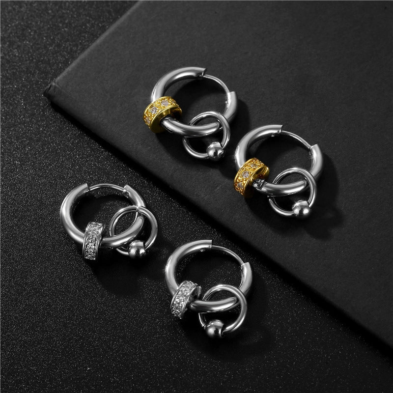 Simple Circle Titanium Steel Zircon Hoop Earrings for Men